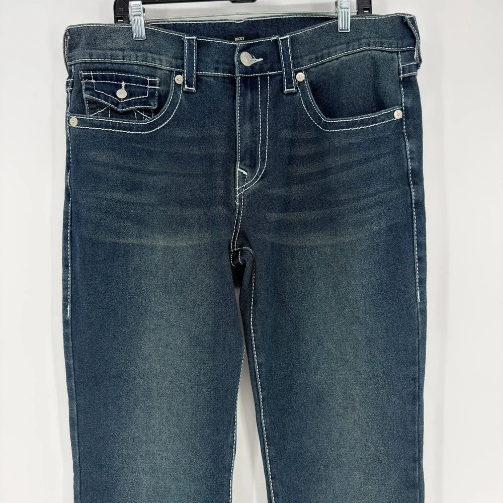 True Religion Ricky Relaxed Straight Dark Wash Contrast Stitch Jeans Mens 36